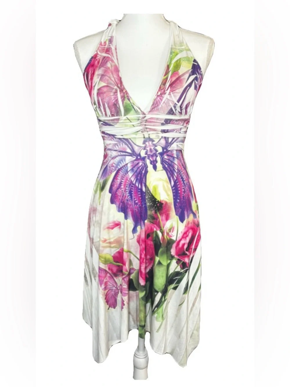Vintage Y2K Kisses & Hugs Butterfly Floral Halter Handkerchief Dress Size S USA